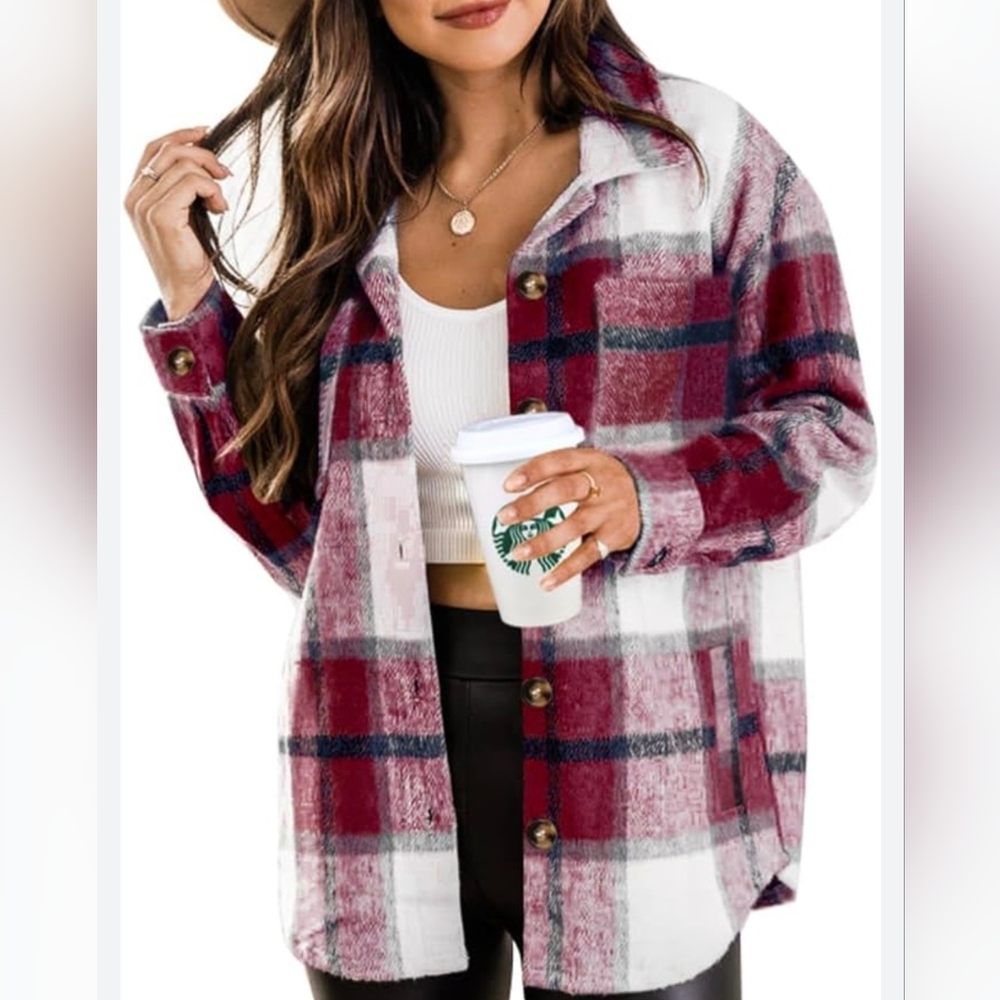 Beaully Women's Button Up Plaid Shacket Jacket Long Sleeve Size XL